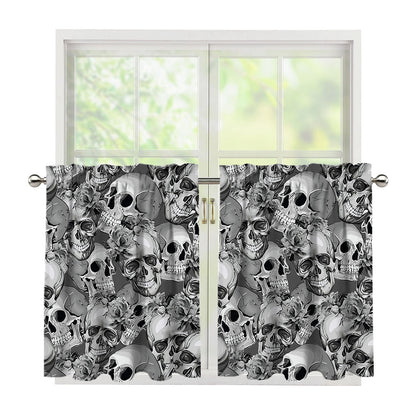 Monochrome Skull Flowers Pattern Print Tier Curtains