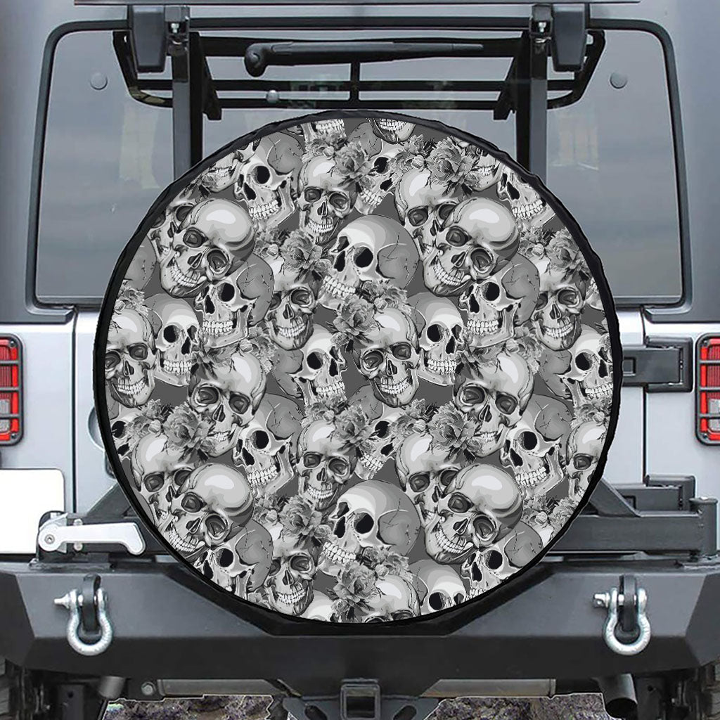 Monochrome Skull Flowers Pattern Print Tire Cover