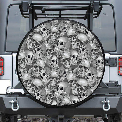Monochrome Skull Flowers Pattern Print Tire Cover