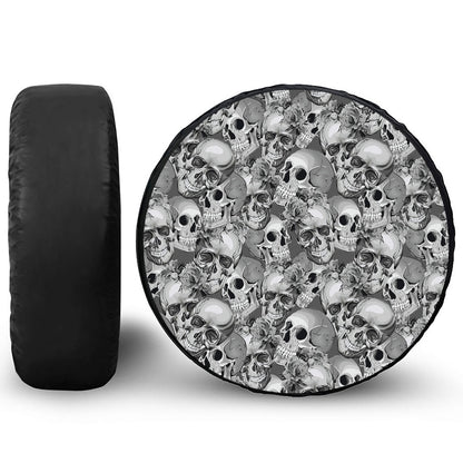 Monochrome Skull Flowers Pattern Print Tire Cover