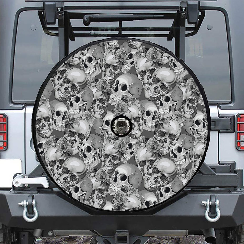 Monochrome Skull Flowers Pattern Print Tire Cover With Camera Hole