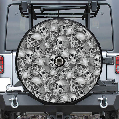 Monochrome Skull Flowers Pattern Print Tire Cover With Camera Hole