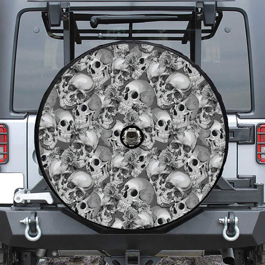 Monochrome Skull Flowers Pattern Print Tire Cover With Camera Hole