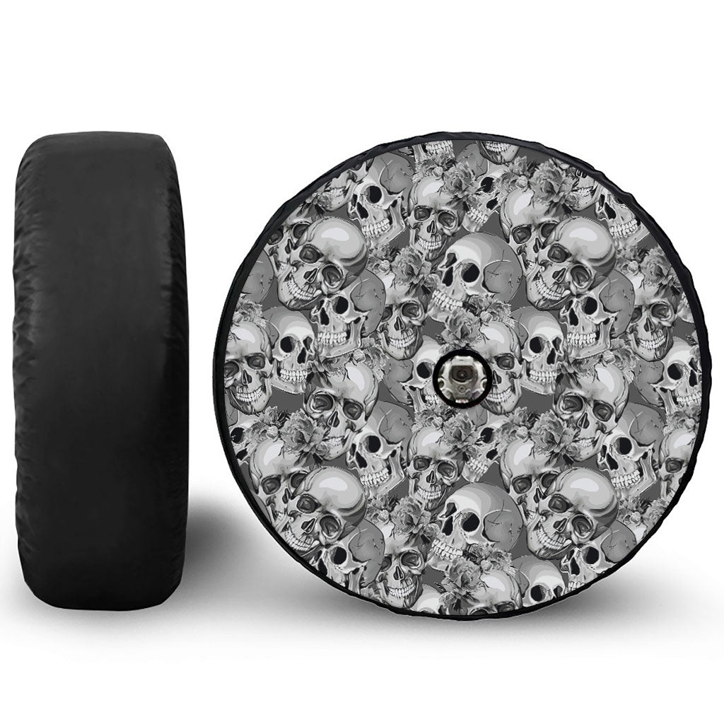Monochrome Skull Flowers Pattern Print Tire Cover With Camera Hole