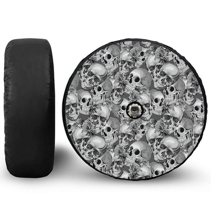Monochrome Skull Flowers Pattern Print Tire Cover With Camera Hole