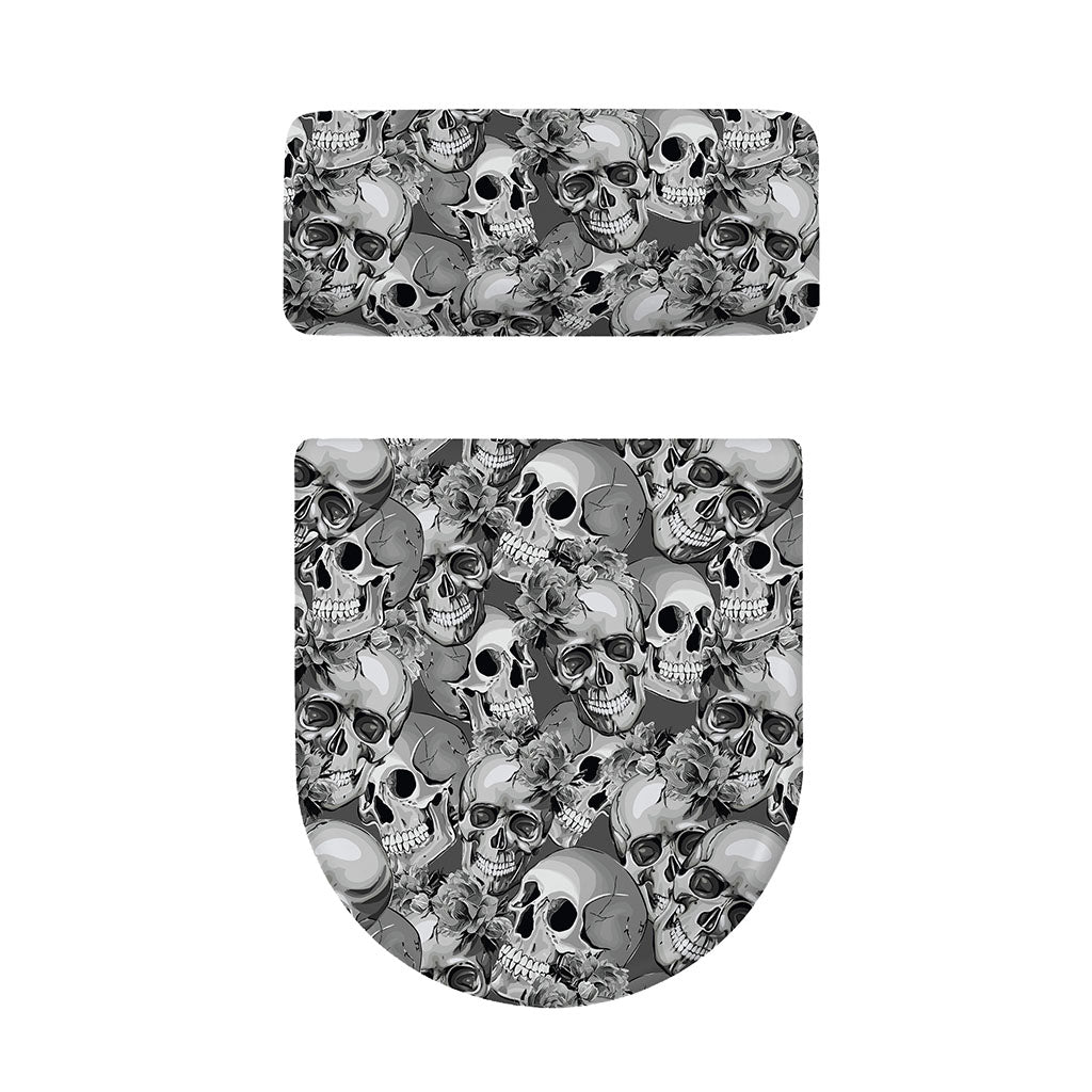Monochrome Skull Flowers Pattern Print Toilet Lid And Tank Cover Set