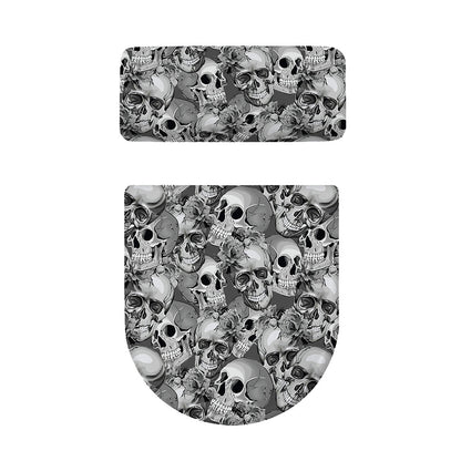 Monochrome Skull Flowers Pattern Print Toilet Lid And Tank Cover Set