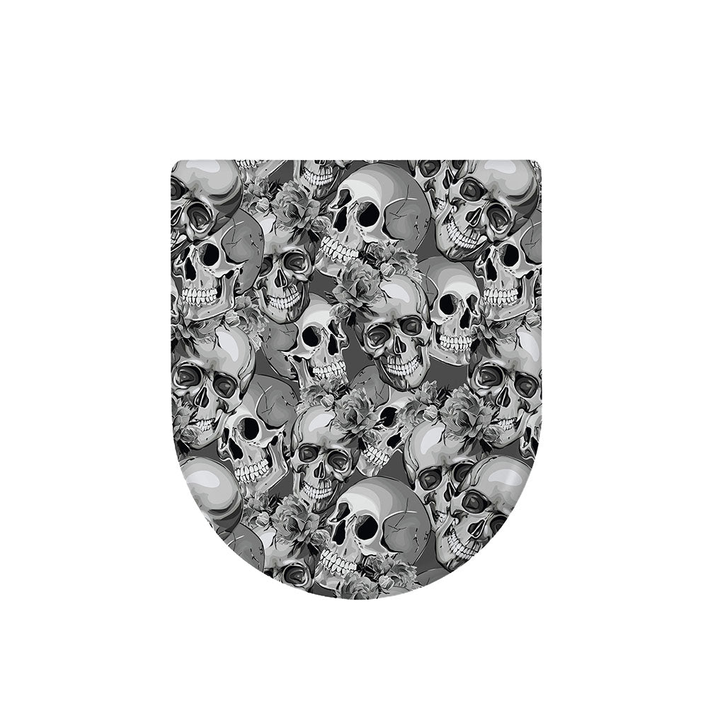 Monochrome Skull Flowers Pattern Print Toilet Lid Cover