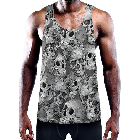 Monochrome Skull Flowers Pattern Print Training Tank Top