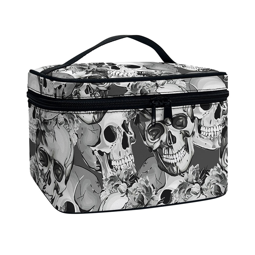 Monochrome Skull Flowers Pattern Print Travel Makeup Bag