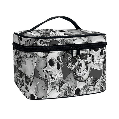 Monochrome Skull Flowers Pattern Print Travel Makeup Bag