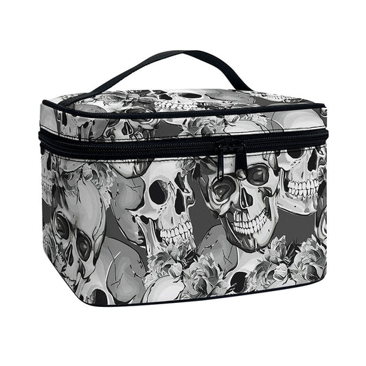 Monochrome Skull Flowers Pattern Print Travel Makeup Bag