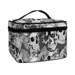 Monochrome Skull Flowers Pattern Print Travel Makeup Bag