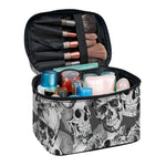 Monochrome Skull Flowers Pattern Print Travel Makeup Bag