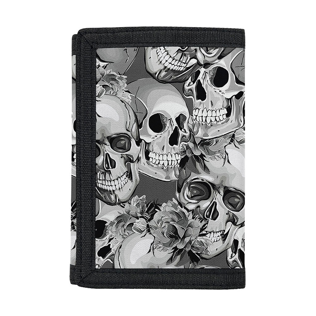 Monochrome Skull Flowers Pattern Print Trifold Wallet