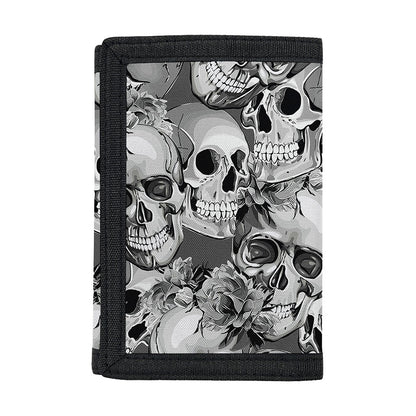 Monochrome Skull Flowers Pattern Print Trifold Wallet
