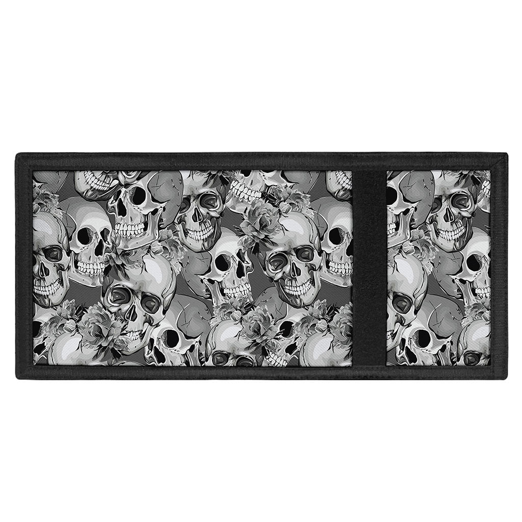 Monochrome Skull Flowers Pattern Print Trifold Wallet