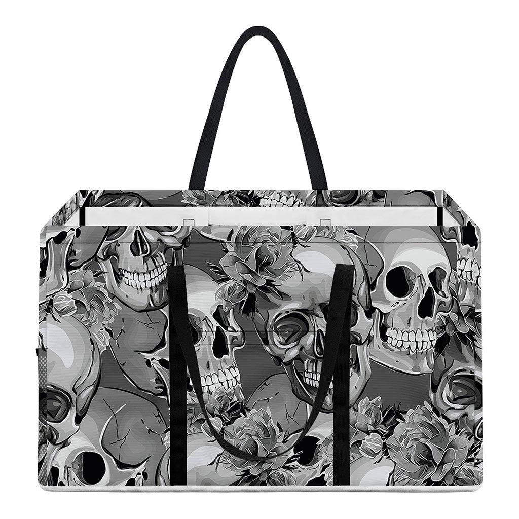 Monochrome Skull Flowers Pattern Print Utility Tote Bag