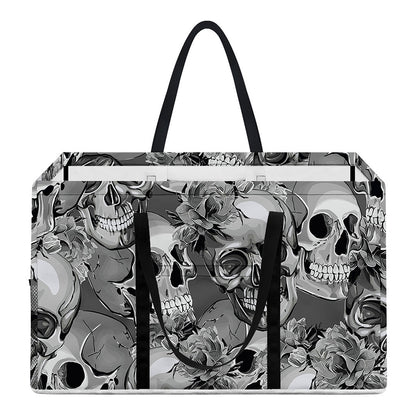 Monochrome Skull Flowers Pattern Print Utility Tote Bag
