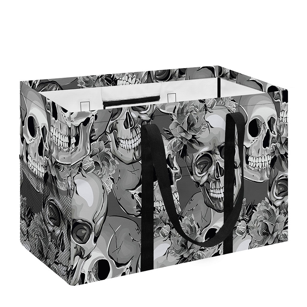 Monochrome Skull Flowers Pattern Print Utility Tote Bag