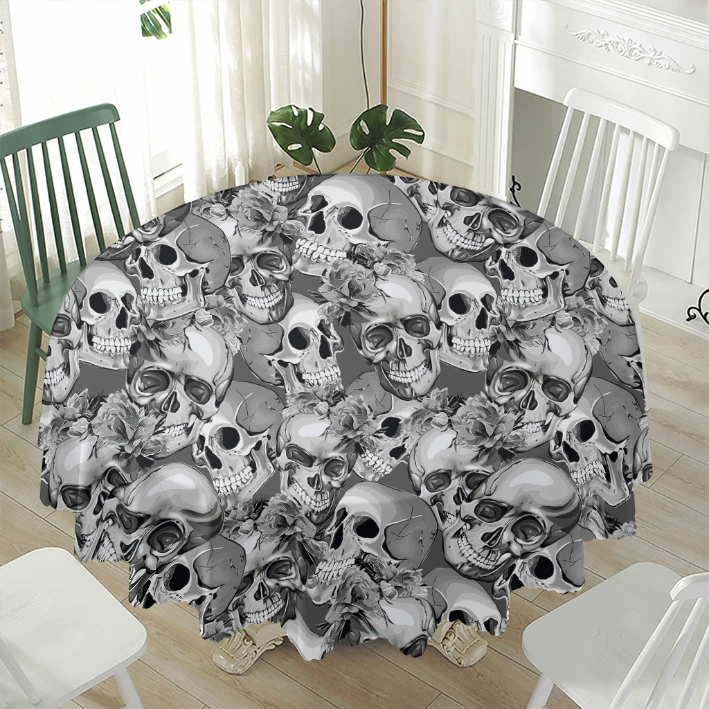 Monochrome Skull Flowers Pattern Print Waterproof Round Tablecloth