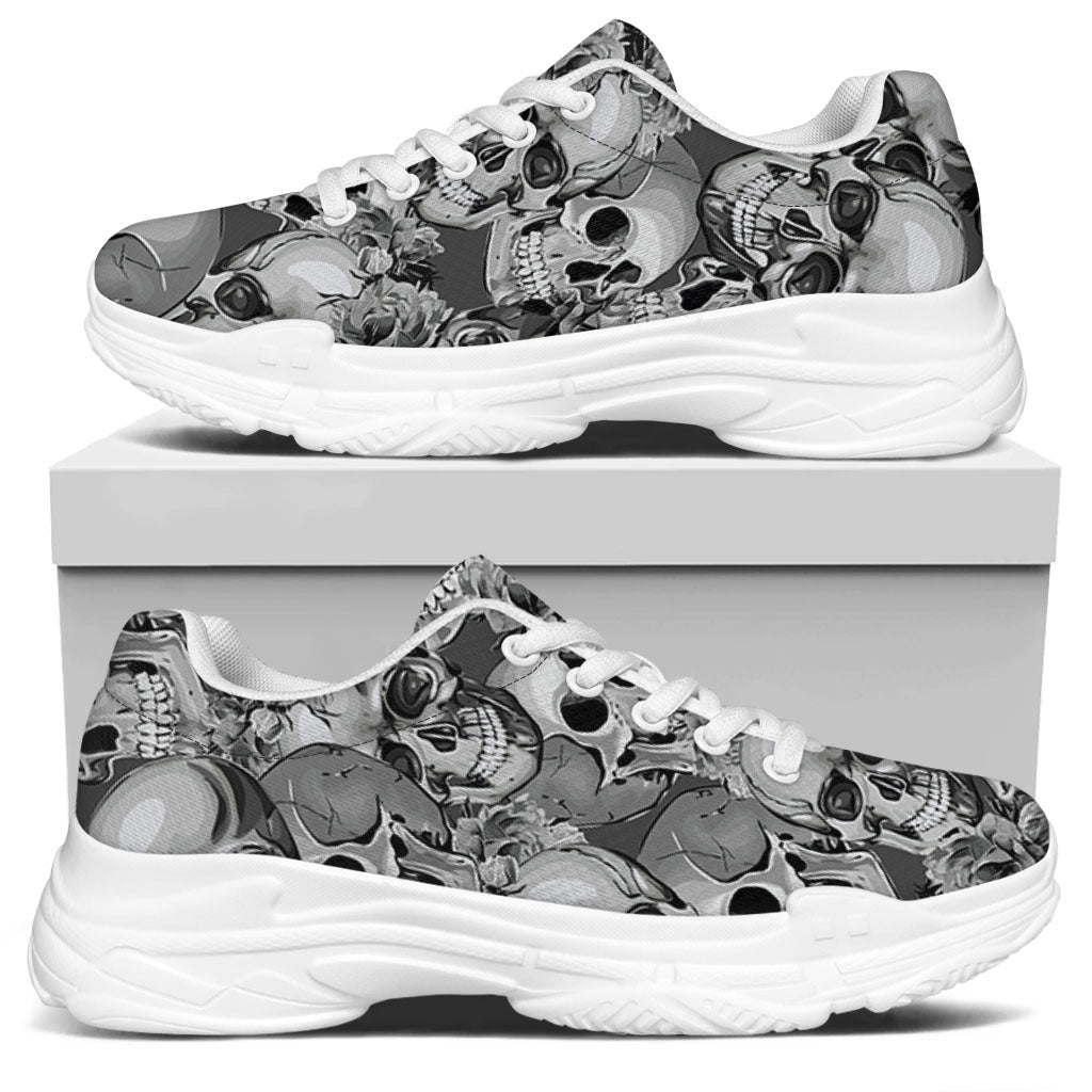 Monochrome Skull Flowers Pattern Print White Chunky Shoes