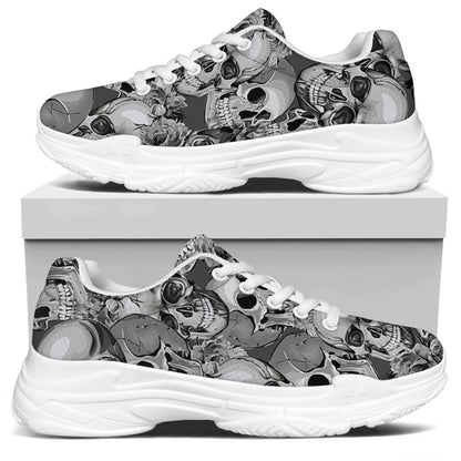 Monochrome Skull Flowers Pattern Print White Chunky Shoes