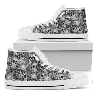 Monochrome Skull Flowers Pattern Print White High Top Sneakers
