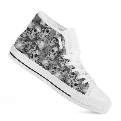 Monochrome Skull Flowers Pattern Print White High Top Sneakers