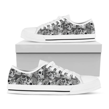 Monochrome Skull Flowers Pattern Print White Low Top Sneakers