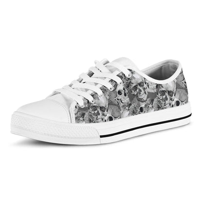 Monochrome Skull Flowers Pattern Print White Low Top Sneakers