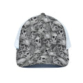 Monochrome Skull Flowers Pattern Print White Mesh Trucker Hat