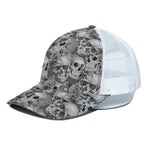 Monochrome Skull Flowers Pattern Print White Mesh Trucker Cap