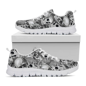 Monochrome Skull Flowers Pattern Print White Running Shoes