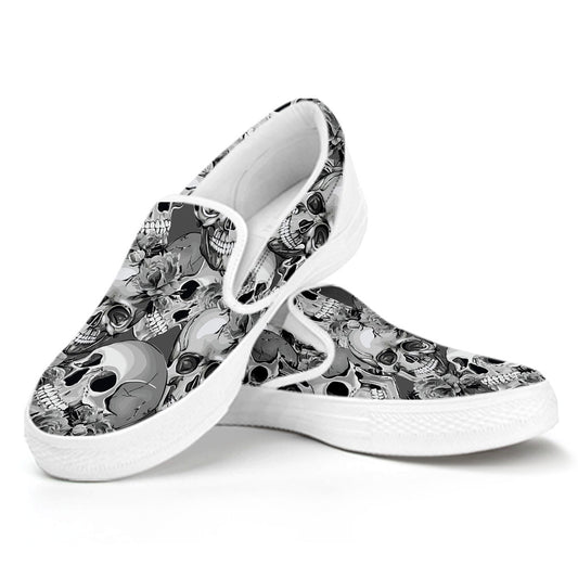 Monochrome Skull Flowers Pattern Print White Slip On Sneakers