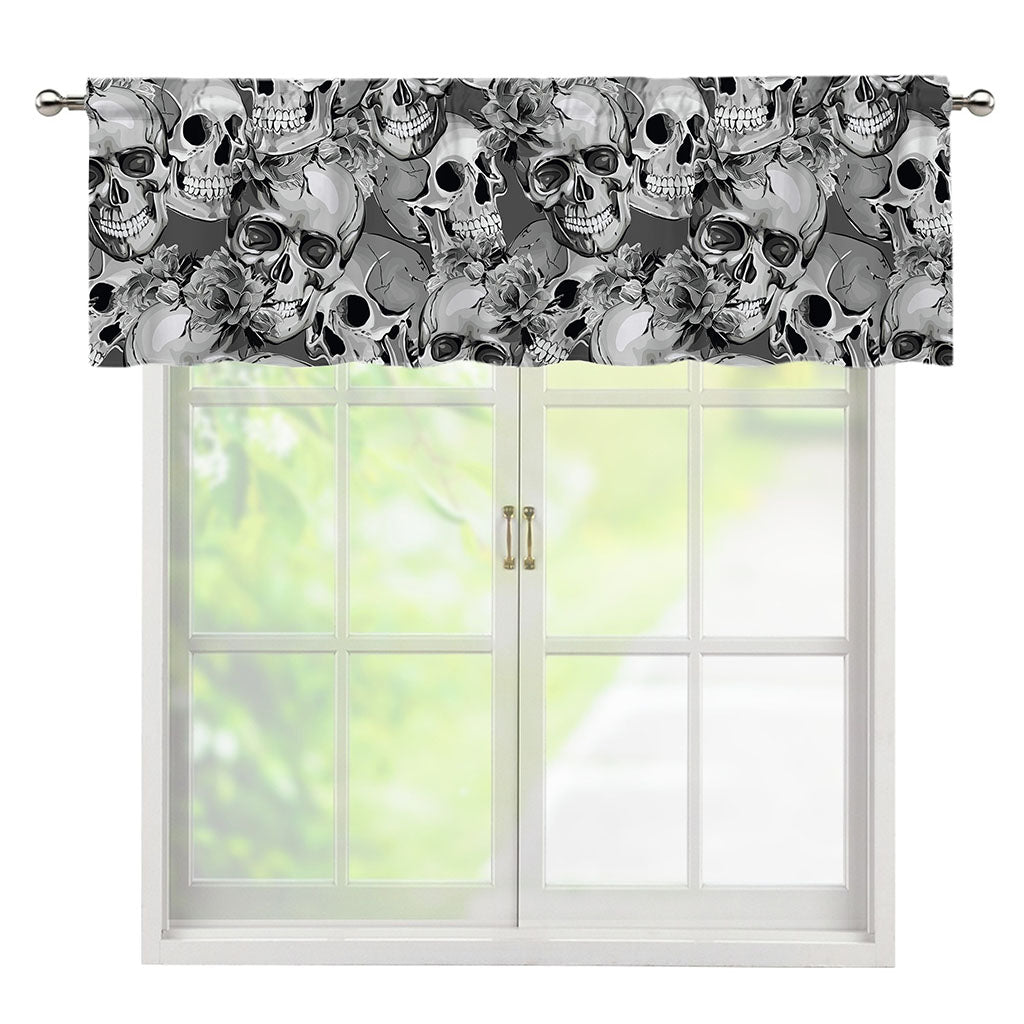 Monochrome Skull Flowers Pattern Print Window Valance
