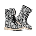 Monochrome Skull Flowers Pattern Print Winter Boots