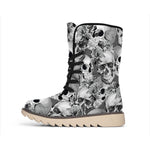 Monochrome Skull Flowers Pattern Print Winter Boots