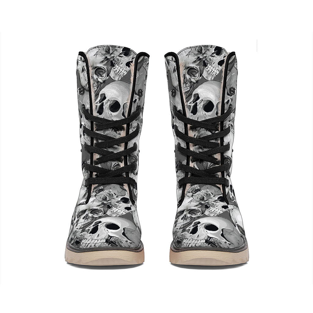 Monochrome Skull Flowers Pattern Print Winter Boots