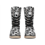 Monochrome Skull Flowers Pattern Print Winter Boots