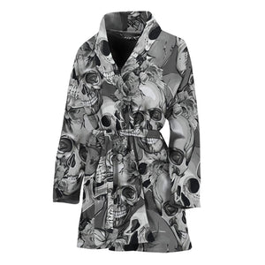 Monochrome Skull Flowers Pattern Print Women's Bathrobe