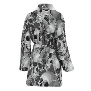 Monochrome Skull Flowers Pattern Print Women's Bathrobe