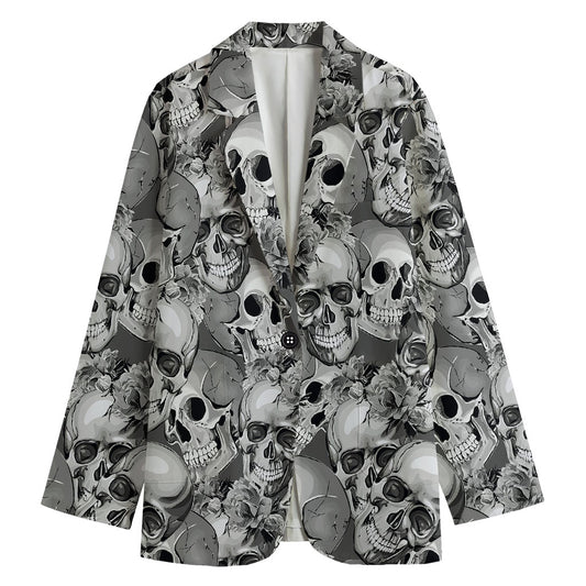 Monochrome Skull Flowers Pattern Print Women's Blazer