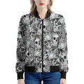 Monochrome Skull Flowers Pattern Print Women's Bomber Jacket