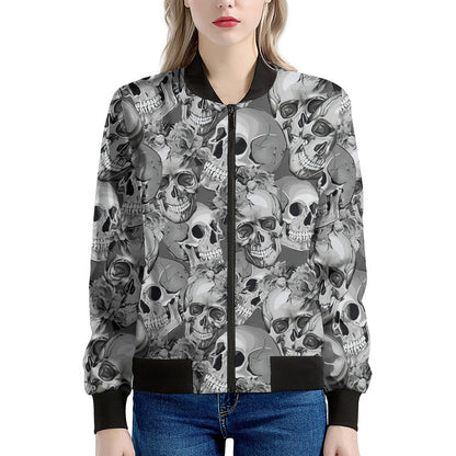 Monochrome Skull Flowers Pattern Print Women's Bomber Jacket