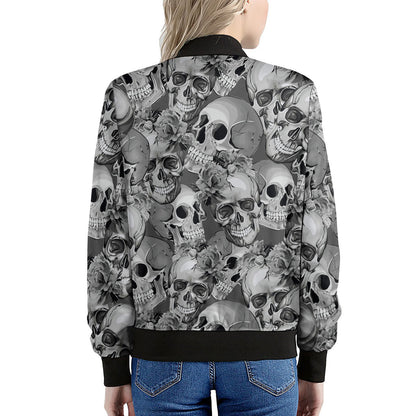Monochrome Skull Flowers Pattern Print Women's Bomber Jacket