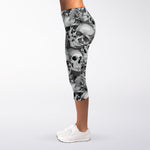 Monochrome Skull Flowers Pattern Print Women's Capri Leggings