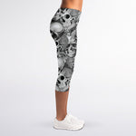 Monochrome Skull Flowers Pattern Print Women's Capri Leggings