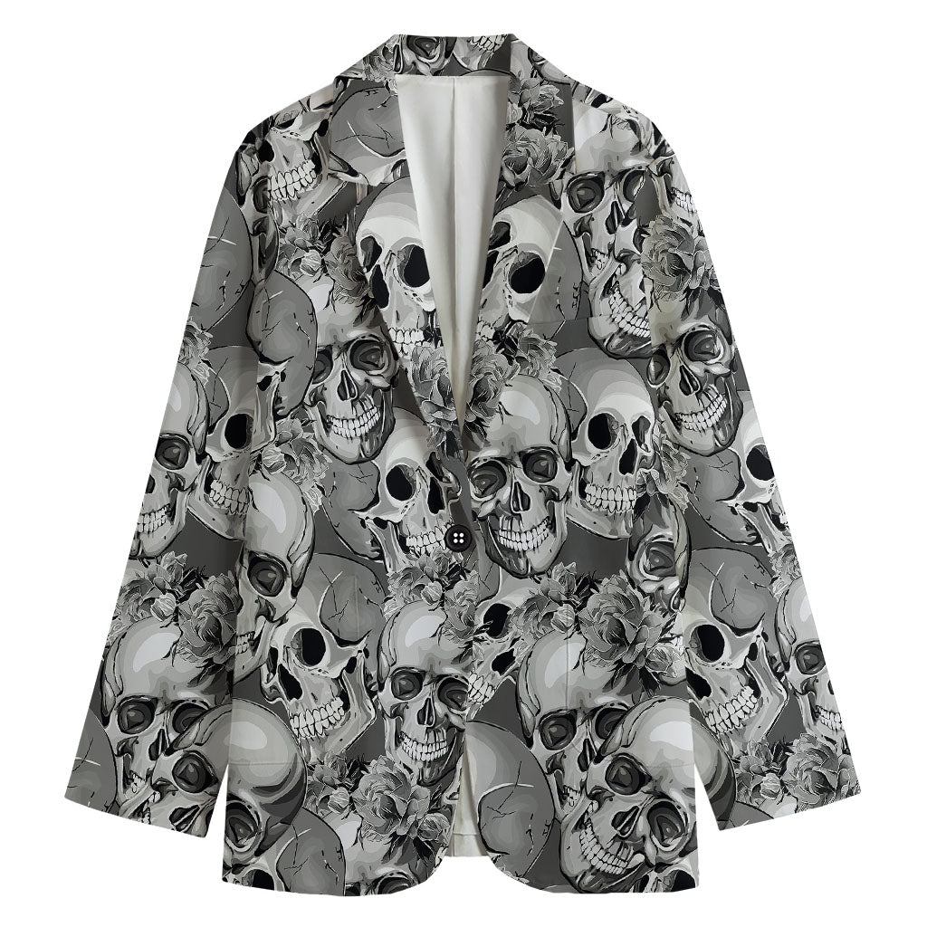 Monochrome Skull Flowers Pattern Print Women's Cotton Blazer