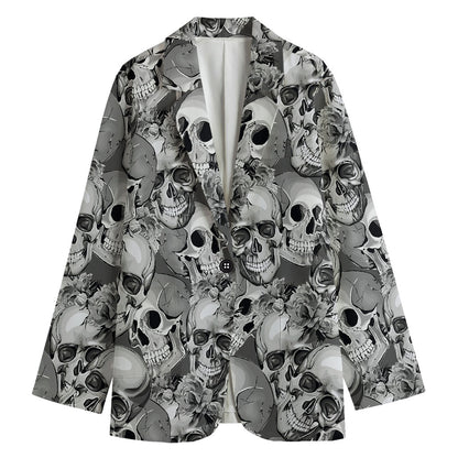 Monochrome Skull Flowers Pattern Print Women's Cotton Blazer